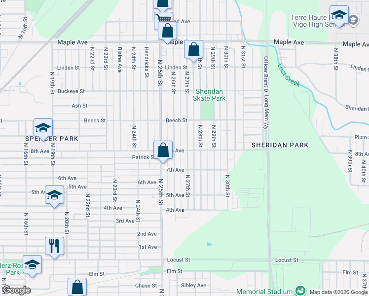 map of restaurants, bars, coffee shops, grocery stores, and more near 1541 North 27th Street in Terre Haute