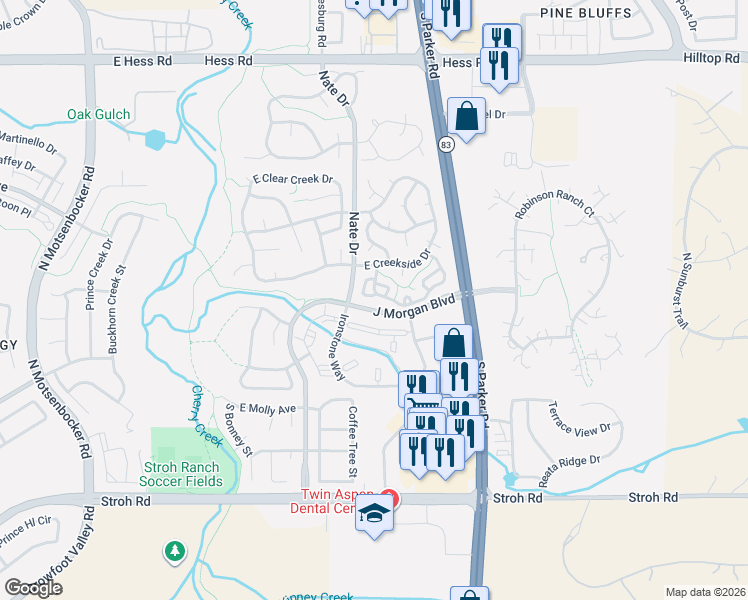 map of restaurants, bars, coffee shops, grocery stores, and more near 12762 J Morgan Boulevard in Parker