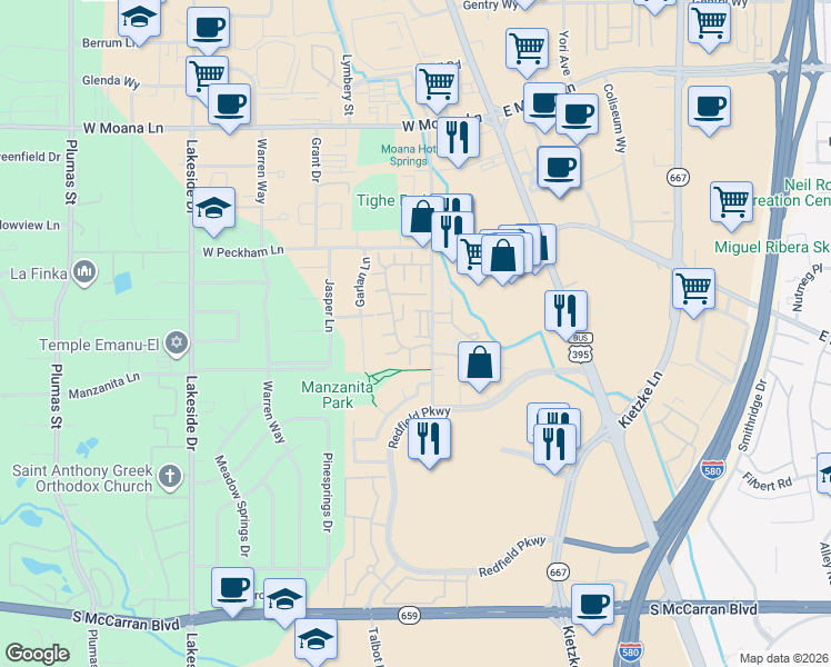 map of restaurants, bars, coffee shops, grocery stores, and more near 4302 Clyde Court in Reno