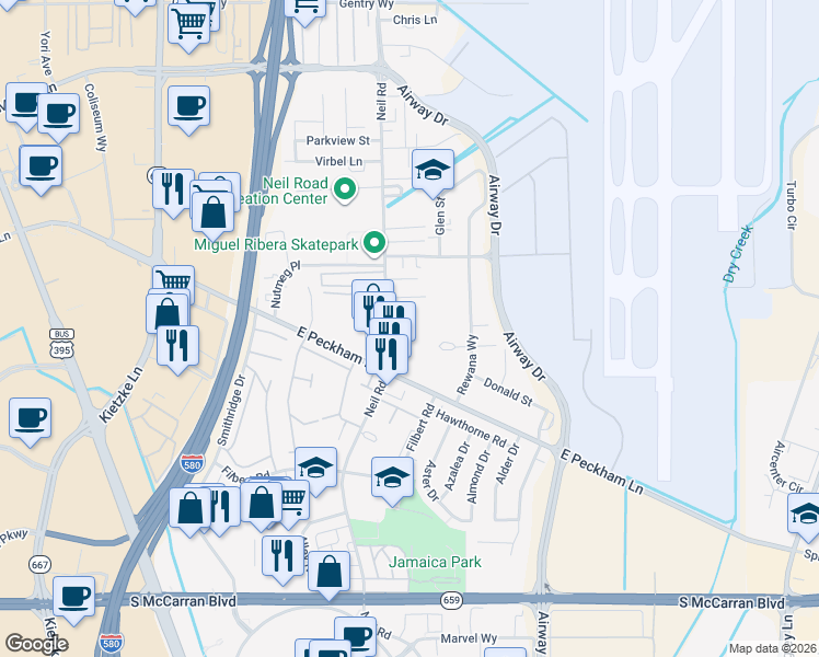 map of restaurants, bars, coffee shops, grocery stores, and more near 4300 Neil Road in Reno