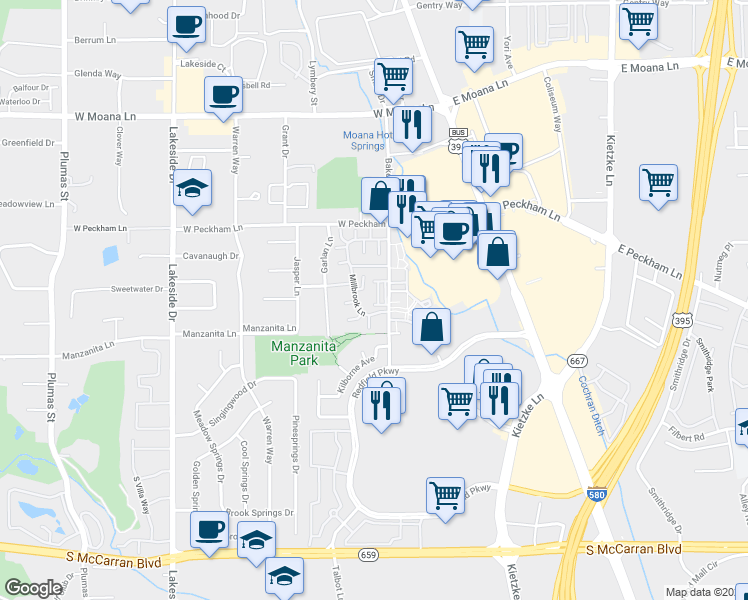 map of restaurants, bars, coffee shops, grocery stores, and more near 4302 Clyde Court in Reno