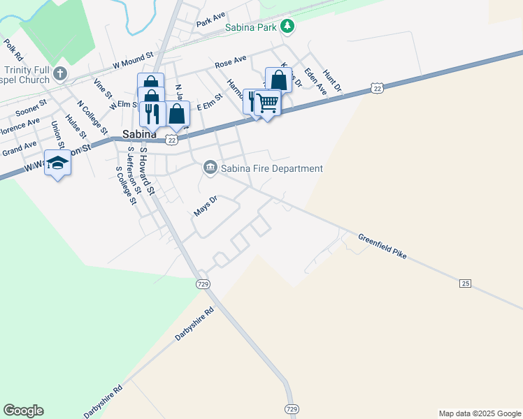 map of restaurants, bars, coffee shops, grocery stores, and more near 373 South Jackson Street in Sabina