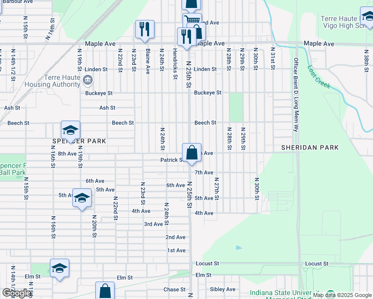 map of restaurants, bars, coffee shops, grocery stores, and more near 2400-2498 Patrick St in Terre Haute