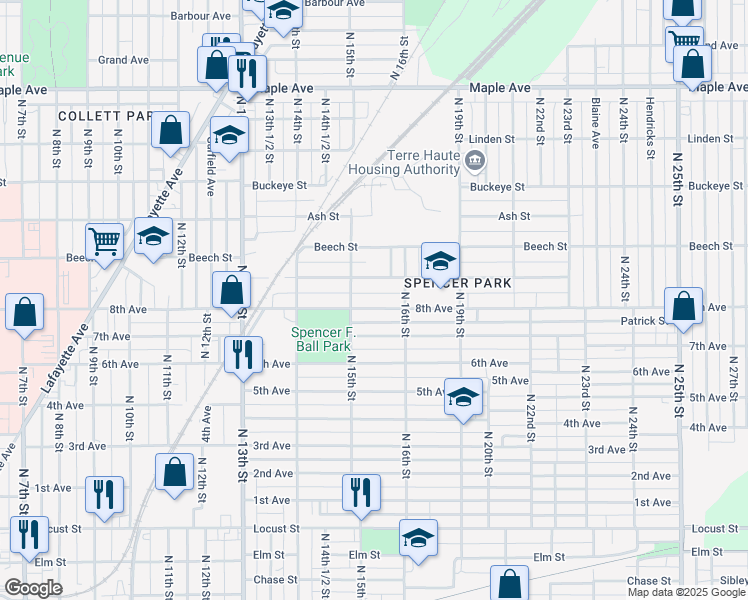 map of restaurants, bars, coffee shops, grocery stores, and more near 1535 8th Avenue in Terre Haute
