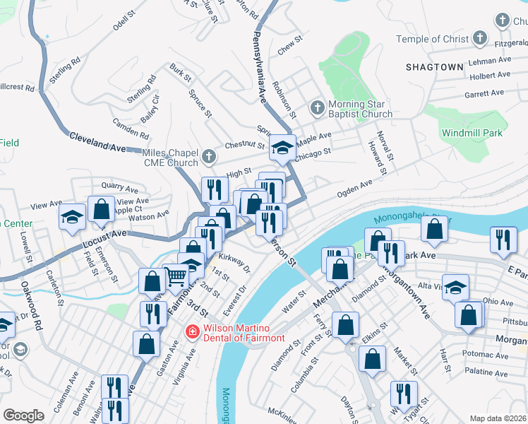 map of restaurants, bars, coffee shops, grocery stores, and more near 320 Jefferson Street in Fairmont