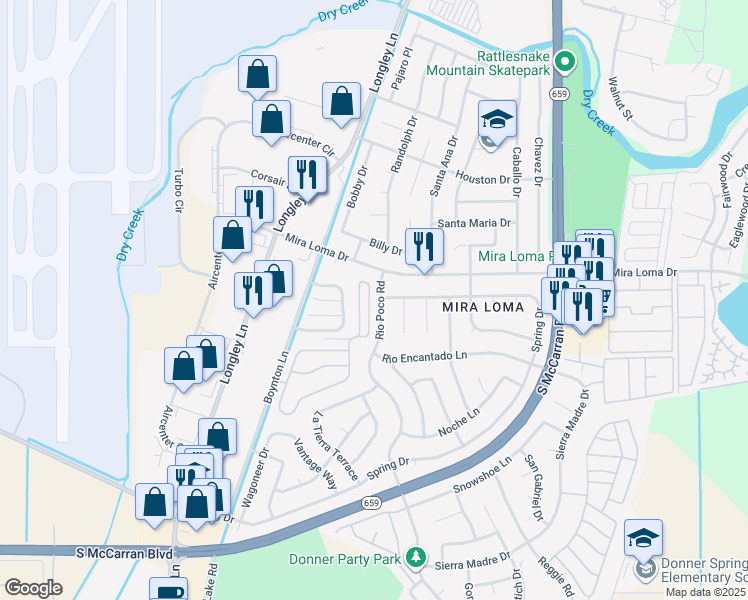 map of restaurants, bars, coffee shops, grocery stores, and more near 3530 Rio Poco Road in Reno