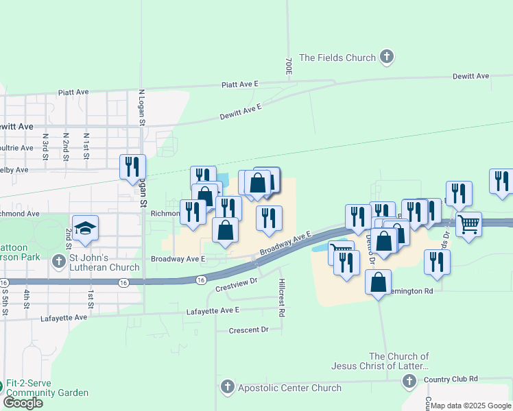 map of restaurants, bars, coffee shops, grocery stores, and more near 700 Broadway Avenue in Mattoon