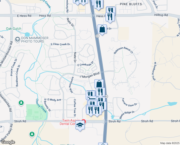 map of restaurants, bars, coffee shops, grocery stores, and more near 19130 J Morgan Boulevard in Parker