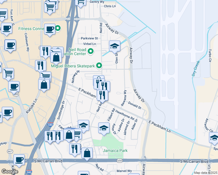 map of restaurants, bars, coffee shops, grocery stores, and more near 4300 Neil Road in Reno