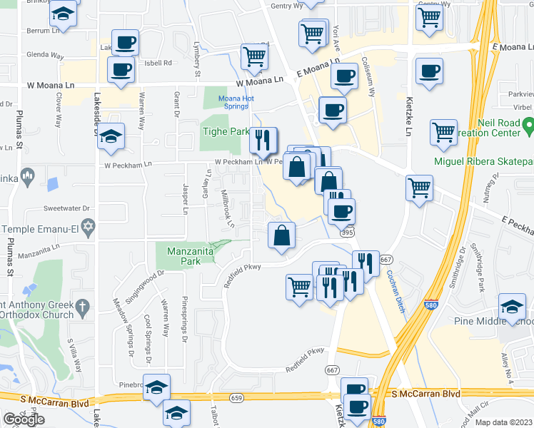 map of restaurants, bars, coffee shops, grocery stores, and more near 4050 Baker Lane in Reno