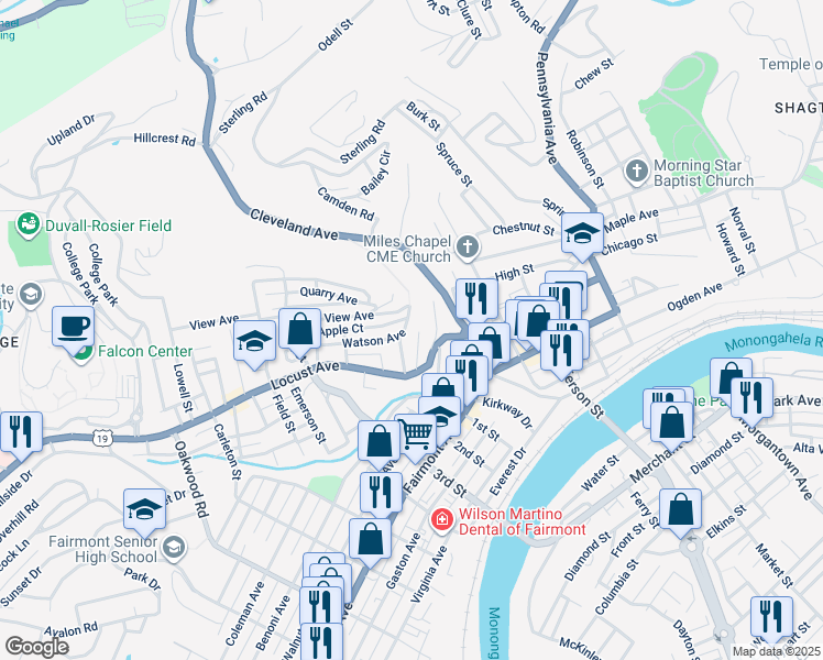 map of restaurants, bars, coffee shops, grocery stores, and more near 1014 Fay Street in Fairmont