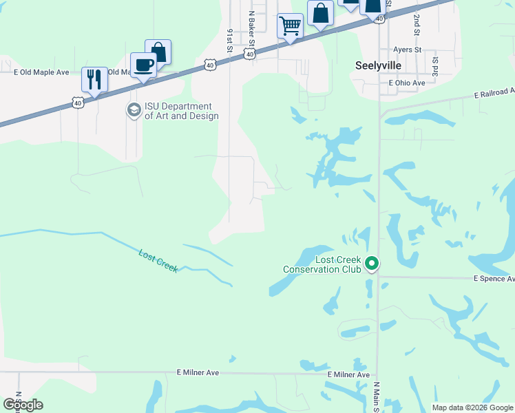 map of restaurants, bars, coffee shops, grocery stores, and more near 1525 91st Street in Terre Haute