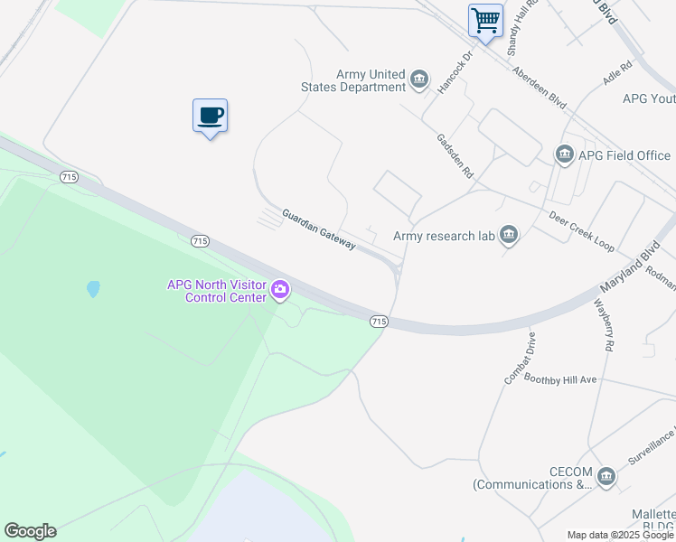 map of restaurants, bars, coffee shops, grocery stores, and more near 6260 Guardian Gateway in Aberdeen Proving Ground