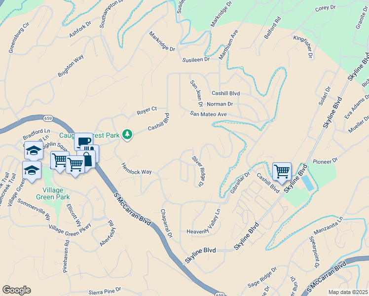 map of restaurants, bars, coffee shops, grocery stores, and more near 2275 Silver Ridge Drive in Reno