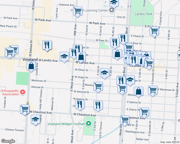 map of restaurants, bars, coffee shops, grocery stores, and more near 214 West Grape Street in Vineland