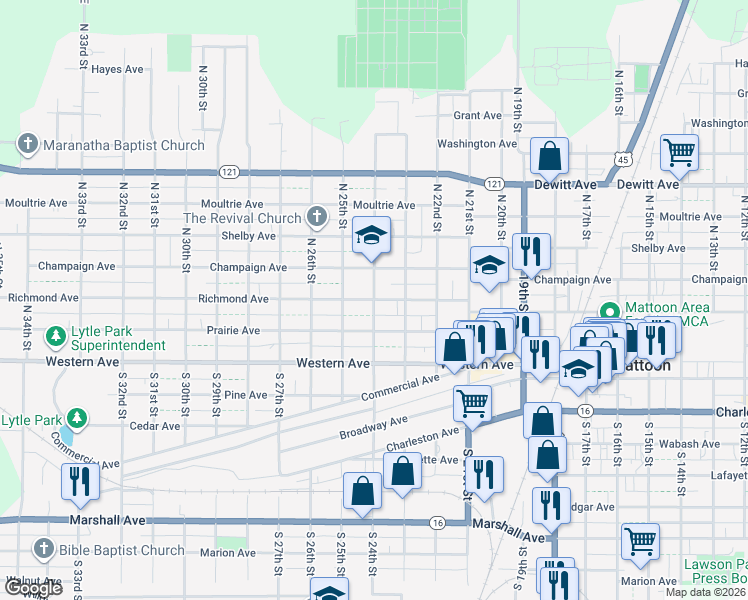 map of restaurants, bars, coffee shops, grocery stores, and more near 298 N 24th St in Mattoon