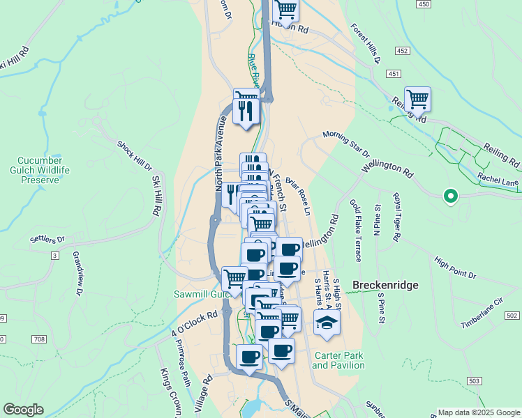 map of restaurants, bars, coffee shops, grocery stores, and more near 318 North Main Street in Breckenridge