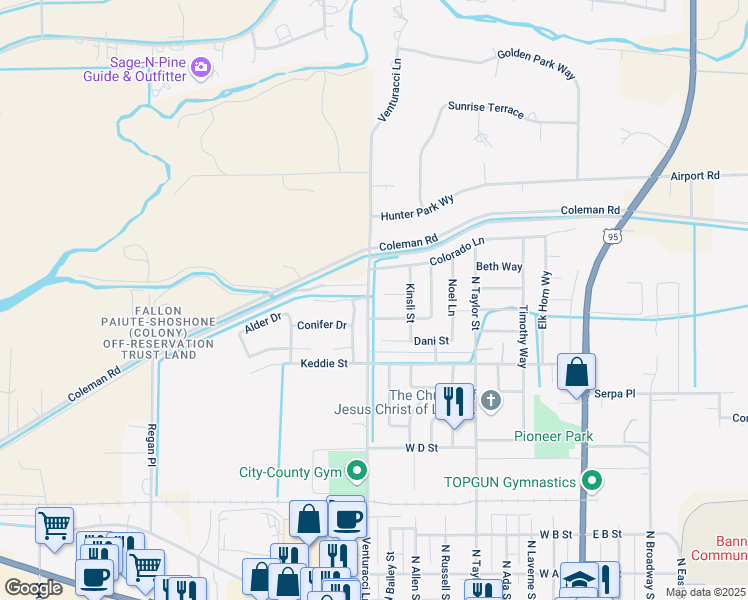 map of restaurants, bars, coffee shops, grocery stores, and more near 791 Colorado Lane in Fallon