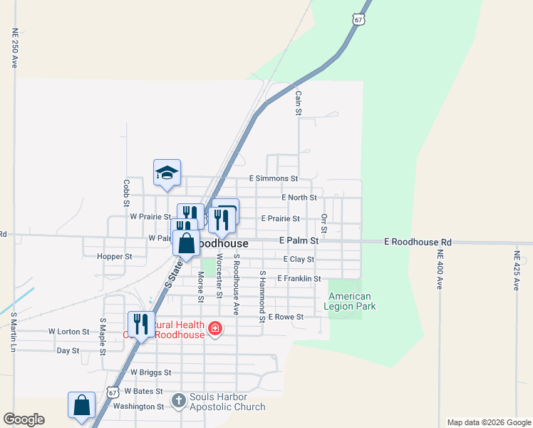 map of restaurants, bars, coffee shops, grocery stores, and more near 200-234 East North Street in Roodhouse