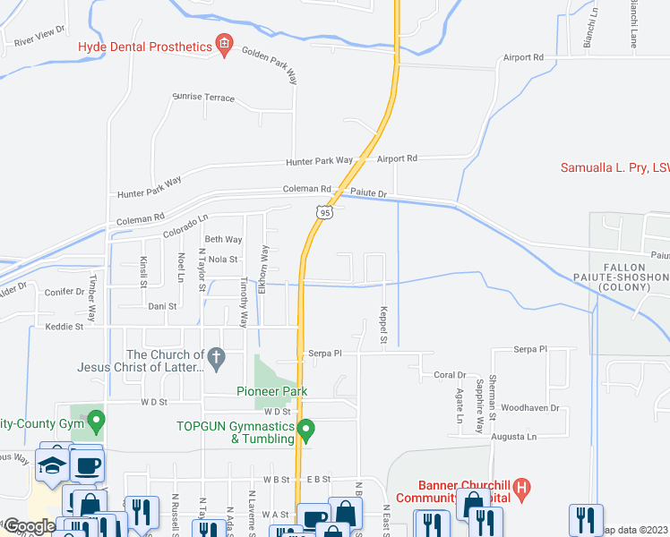 map of restaurants, bars, coffee shops, grocery stores, and more near 771 North Broadway Street in Fallon