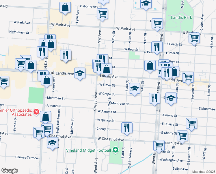 map of restaurants, bars, coffee shops, grocery stores, and more near 116 West Elmer Street in Vineland