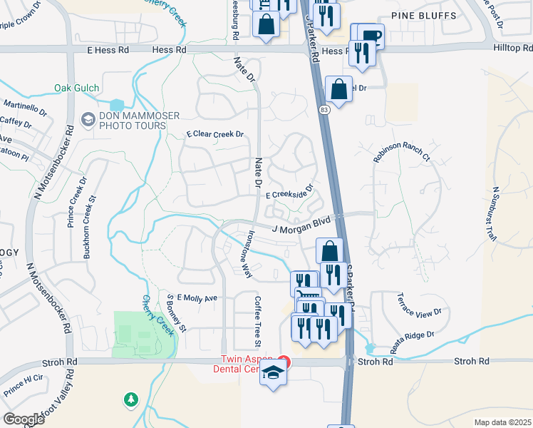 map of restaurants, bars, coffee shops, grocery stores, and more near 19412 East Mann Creek Drive in Parker