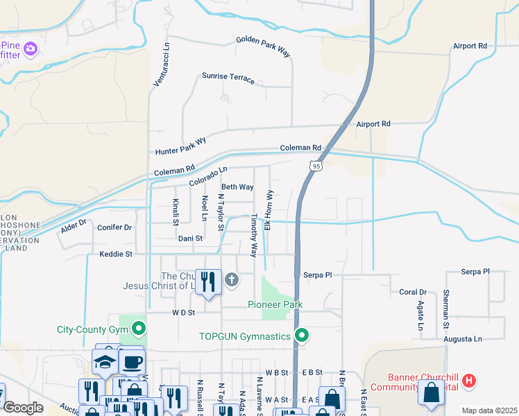 map of restaurants, bars, coffee shops, grocery stores, and more near 795 Elk Horn Way in Fallon