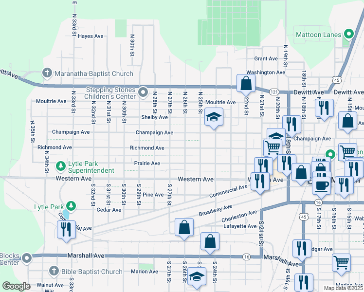map of restaurants, bars, coffee shops, grocery stores, and more near 2621 Champaign Avenue in Mattoon
