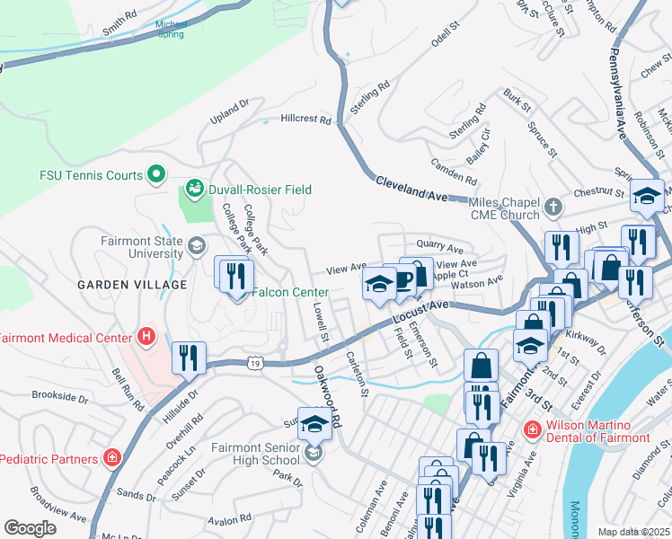 map of restaurants, bars, coffee shops, grocery stores, and more near 1209 Lowell Street in Fairmont
