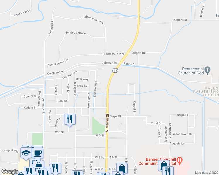 map of restaurants, bars, coffee shops, grocery stores, and more near 650 North Maine Street in Fallon