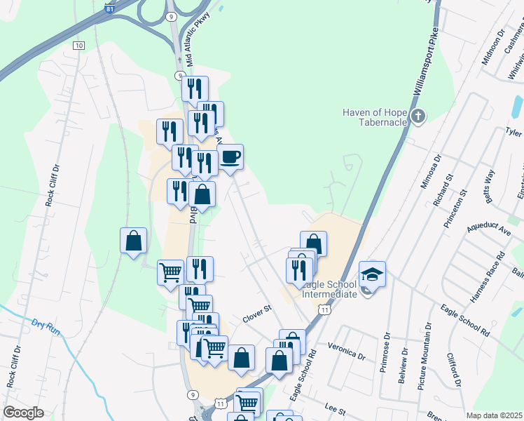 map of restaurants, bars, coffee shops, grocery stores, and more near in Martinsburg