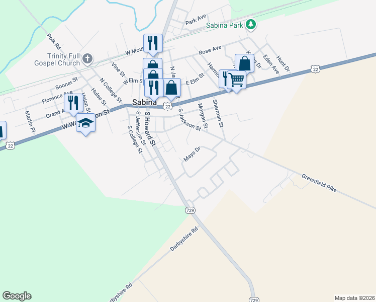 map of restaurants, bars, coffee shops, grocery stores, and more near 229 Mays Drive in Sabina