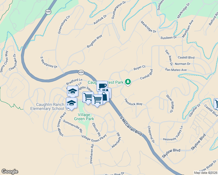 map of restaurants, bars, coffee shops, grocery stores, and more near 3657 Crestridge Way in Reno