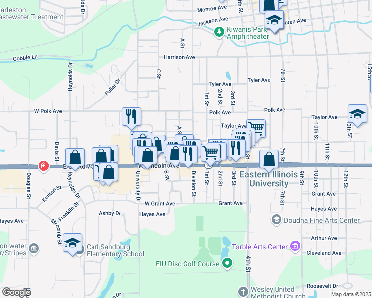 map of restaurants, bars, coffee shops, grocery stores, and more near 1202-1208 Division Street in Charleston