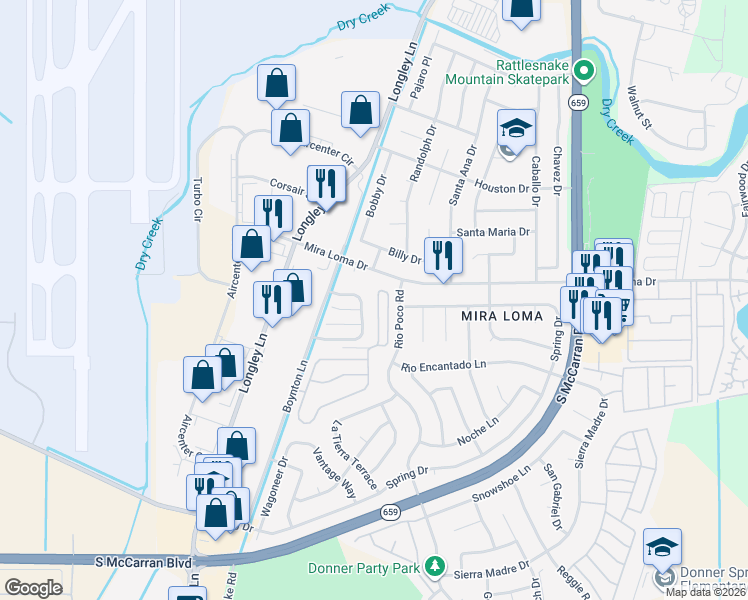 map of restaurants, bars, coffee shops, grocery stores, and more near 4085 Laurel Park Way in Reno