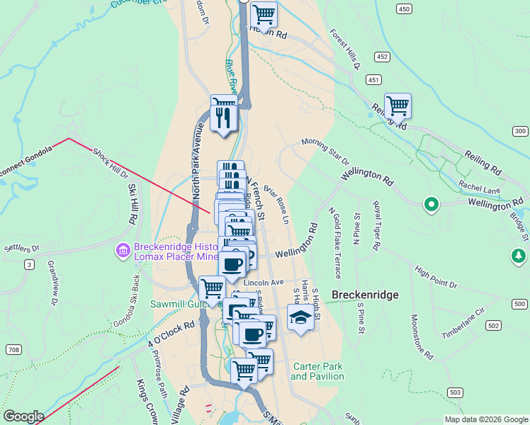 map of restaurants, bars, coffee shops, grocery stores, and more near 215 Briar Rose Lane in Breckenridge