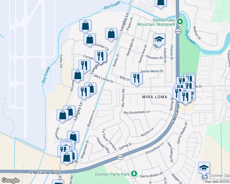 map of restaurants, bars, coffee shops, grocery stores, and more near 4085 Laurel Park Way in Reno