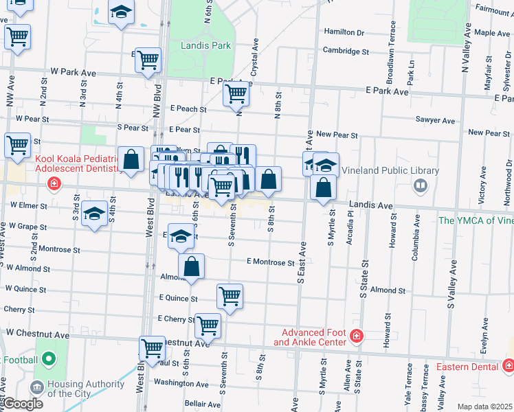 map of restaurants, bars, coffee shops, grocery stores, and more near 736 East Landis Avenue in Vineland