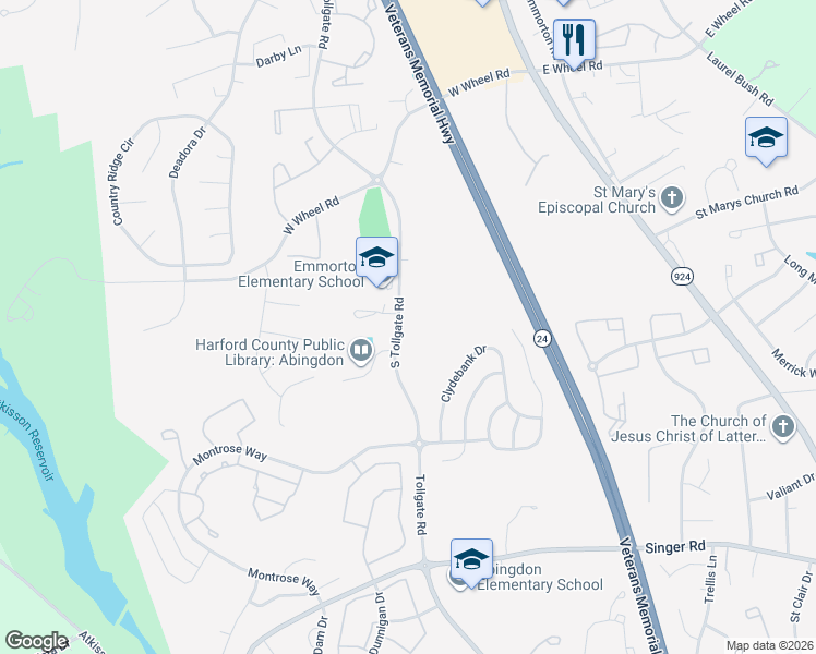 map of restaurants, bars, coffee shops, grocery stores, and more near 301 Tiree Court in Abingdon