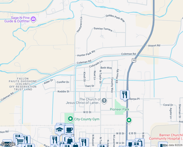 map of restaurants, bars, coffee shops, grocery stores, and more near 841 Karry Way in Fallon