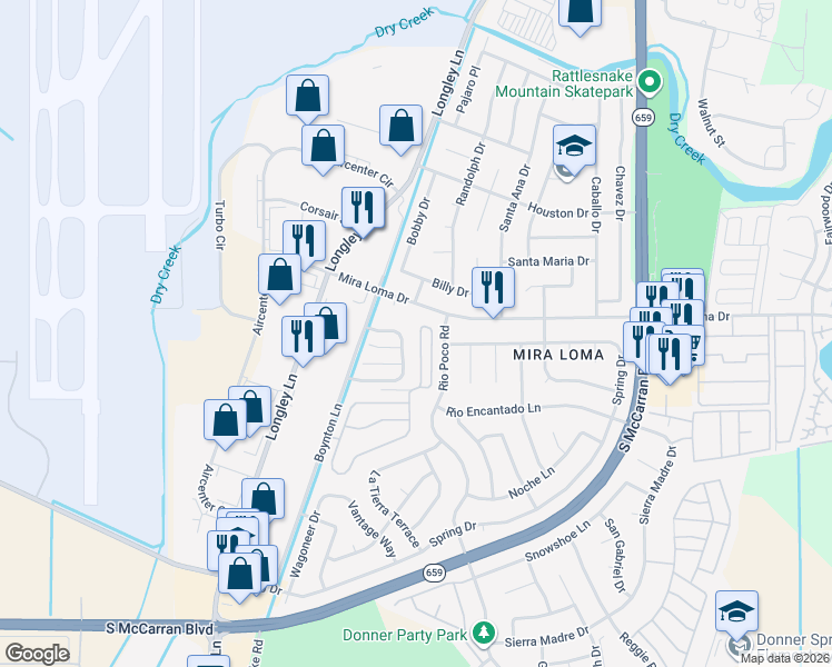 map of restaurants, bars, coffee shops, grocery stores, and more near 4085 Laurel Park Way in Reno