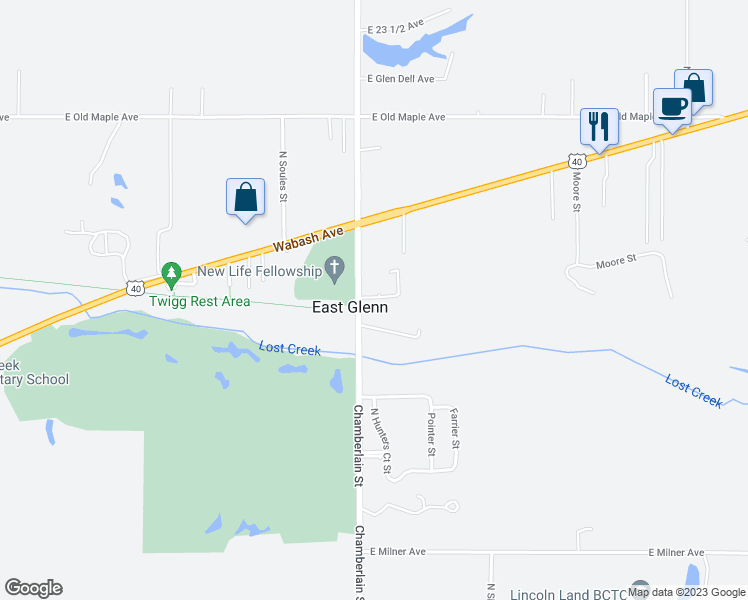 map of restaurants, bars, coffee shops, grocery stores, and more near 1609 Country Walk Court in Terre Haute