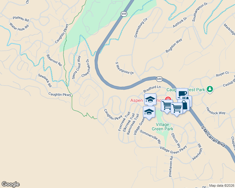 map of restaurants, bars, coffee shops, grocery stores, and more near 4781 West Creek Ridge Trail in Reno
