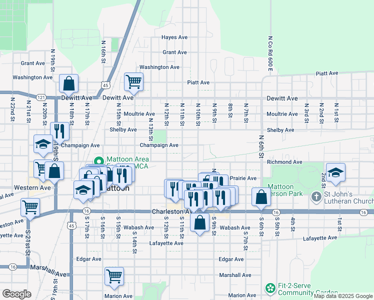 map of restaurants, bars, coffee shops, grocery stores, and more near 1020 Champaign Avenue in Mattoon