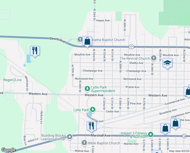 map of restaurants, bars, coffee shops, grocery stores, and more near 300-398 North 33rd Street in Mattoon
