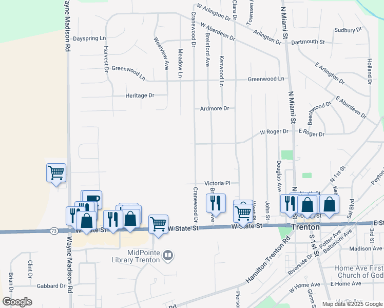 map of restaurants, bars, coffee shops, grocery stores, and more near 307 Cranewood Drive in Trenton