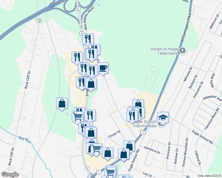 map of restaurants, bars, coffee shops, grocery stores, and more near in Martinsburg