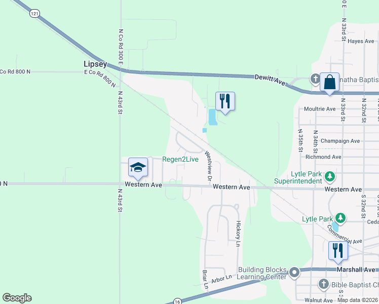 map of restaurants, bars, coffee shops, grocery stores, and more near Circle Drive in Mattoon