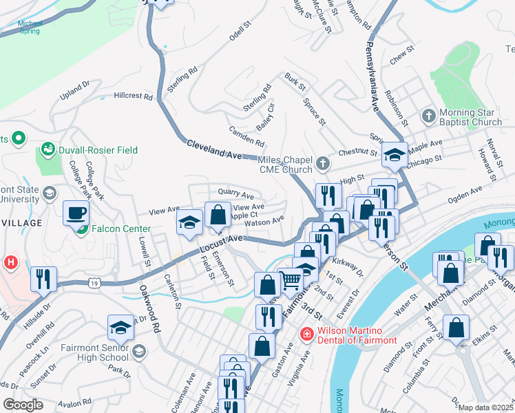 map of restaurants, bars, coffee shops, grocery stores, and more near 160 View Avenue in Fairmont