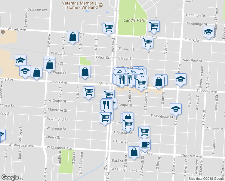 map of restaurants, bars, coffee shops, grocery stores, and more near 471 West Landis Avenue in Vineland